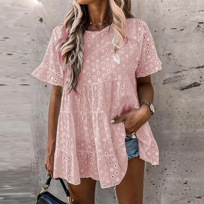 Camisa de Algodón y Lino con Textura Jacquard - Cuello Redondo Manga Corta - Image 6