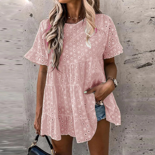 Camisa de Algodón y Lino con Textura Jacquard - Cuello Redondo Manga Corta - Image 6