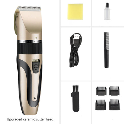Gold and black electric hair clipper with an adjustable blade, held by a hand against a red background. Text indicates a free 17-piece set for the whole family. - Image 3