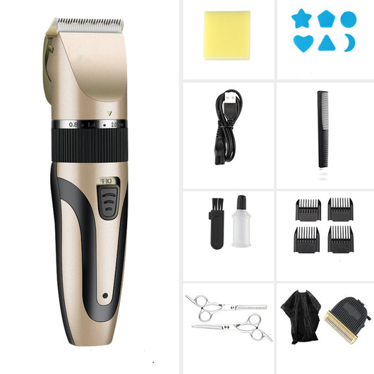 Gold and black electric hair clipper with an adjustable blade, held by a hand against a red background. Text indicates a free 17-piece set for the whole family. - Image 11