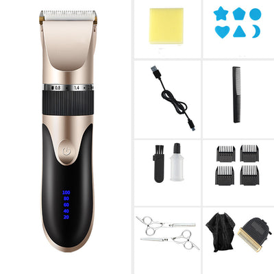 Gold and black electric hair clipper with an adjustable blade, held by a hand against a red background. Text indicates a free 17-piece set for the whole family. - Image 16