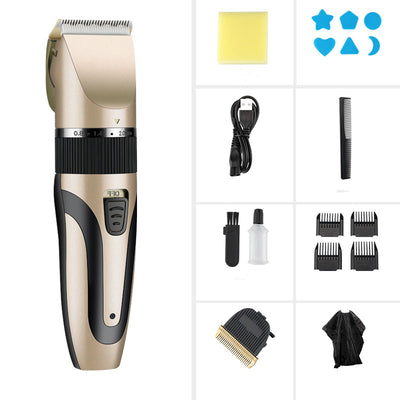 Gold and black electric hair clipper with an adjustable blade, held by a hand against a red background. Text indicates a free 17-piece set for the whole family. - Image 8