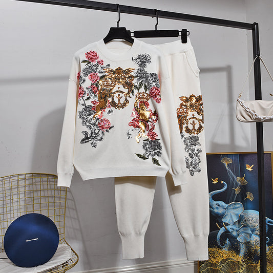 Conjunto de Moda Mujer: Suéter Tejido Lentejuelas Manga Larga + Pantalón
