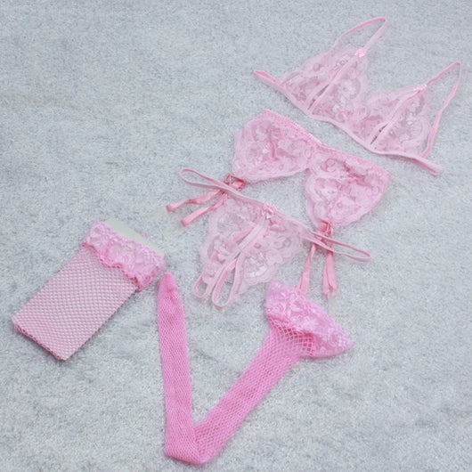 Conjunto de Lencería Sensual en Chifón: Sostén, Tanga y Ligas - Image 12