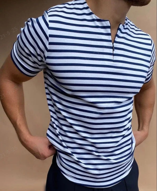 Camiseta Casual de Algodón con Cuello V y Rayas para Hombre