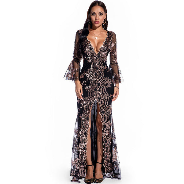 Vestido Largo de Lentejuelas con Escote en V
