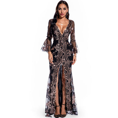 Vestido Largo de Lentejuelas con Escote en V