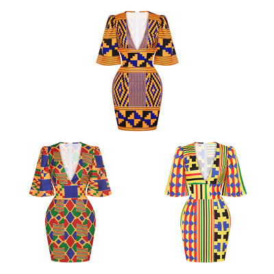 Vestido Corto Africano Elegante con Escote Profundo y Mangas Acampanadas - Image 11