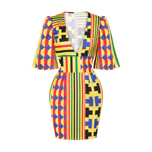 Vestido Corto Africano Elegante con Escote Profundo y Mangas Acampanadas - Image 12