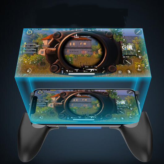 Black mobile phone gamepad with textured grips, featuring a blue central display with a target reticle and battery icon. - Image 7