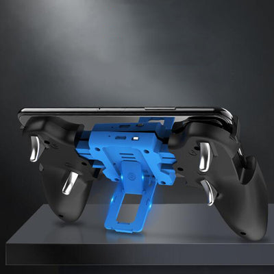 Black mobile phone gamepad with textured grips, featuring a blue central display with a target reticle and battery icon. - Image 2