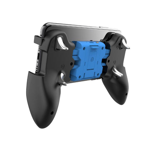 Black mobile phone gamepad with textured grips, featuring a blue central display with a target reticle and battery icon.