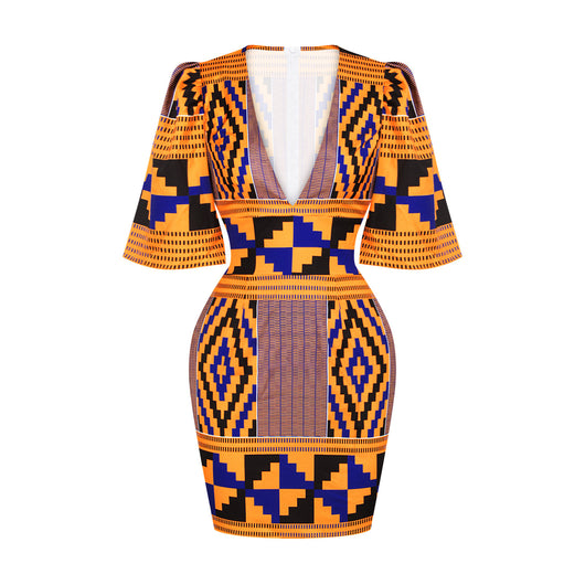 Vestido Corto Africano Elegante con Escote Profundo y Mangas Acampanadas - Image 5