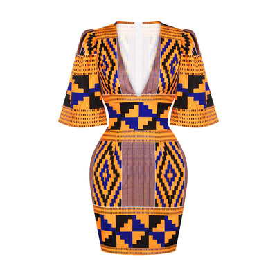 Vestido Corto Africano Elegante con Escote Profundo y Mangas Acampanadas - Image 4