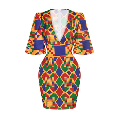 Vestido Corto Africano Elegante con Escote Profundo y Mangas Acampanadas - Image 6