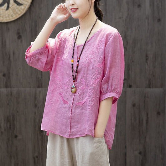 Blusa Suelta Bordada Loto Talla Grande Cuello Redondo Mujer - Image 8
