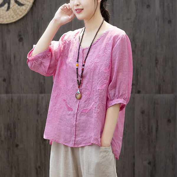 Blusa Suelta Bordada Loto Talla Grande Cuello Redondo Mujer