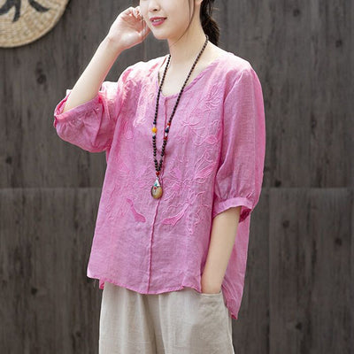 Blusa Suelta Bordada Loto Talla Grande Cuello Redondo Mujer