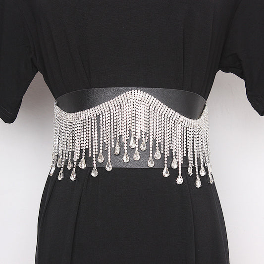 Cinturón Ancho Elegante con Flecos y Cristales Brillantes para Mujer