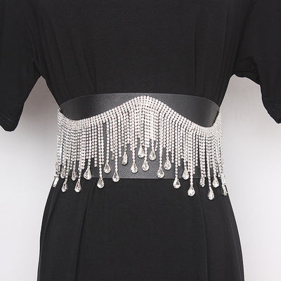 Cinturón Ancho Elegante con Flecos y Cristales Brillantes para Mujer