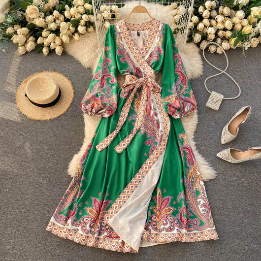 Vestido Retro Estampado Exótico con Escote V Cruzado - Image 6
