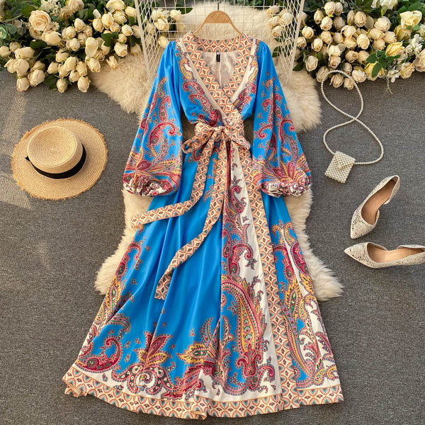 Vestido Retro Estampado Exótico con Escote V Cruzado - Image 5