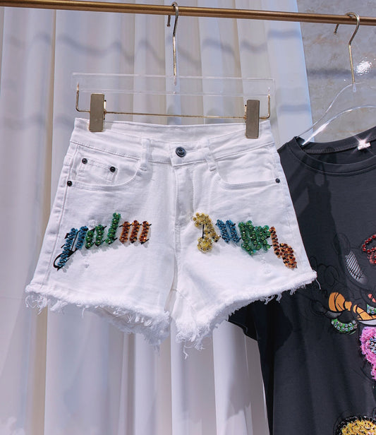 Shorts de Mezclilla Elástica con Detalles de Strass para Mujer