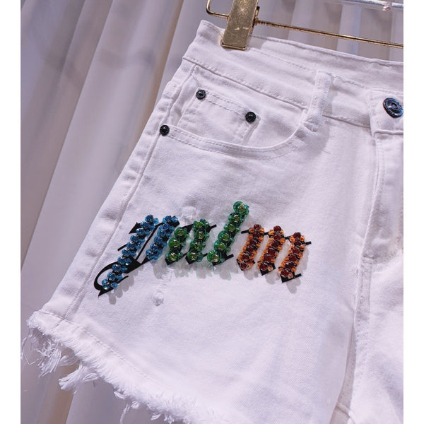 Shorts de Mezclilla Elástica con Detalles de Strass para Mujer