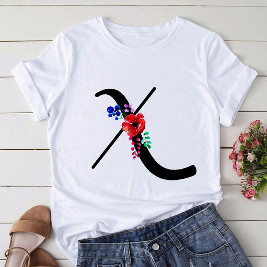 Blusa Estampada Cuello Redondo Manga Corta Europeo Americano para Mujer