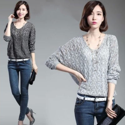 Suéter Suelto V-Neck Manga Murciélago Hueca Torcida para Mujer - Image 12
