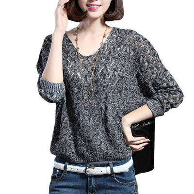 Suéter Suelto V-Neck Manga Murciélago Hueca Torcida para Mujer - Image 10