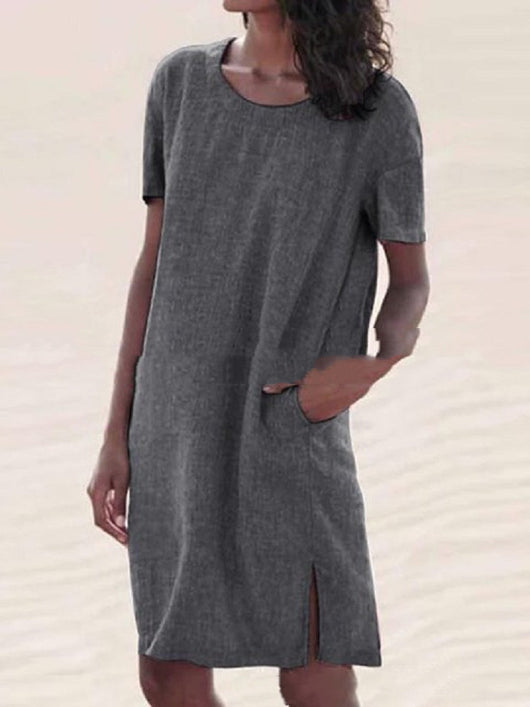 Vestido Casual de Algodón y Lino con Cuello Redondo y Aberturas Laterales - Image 8