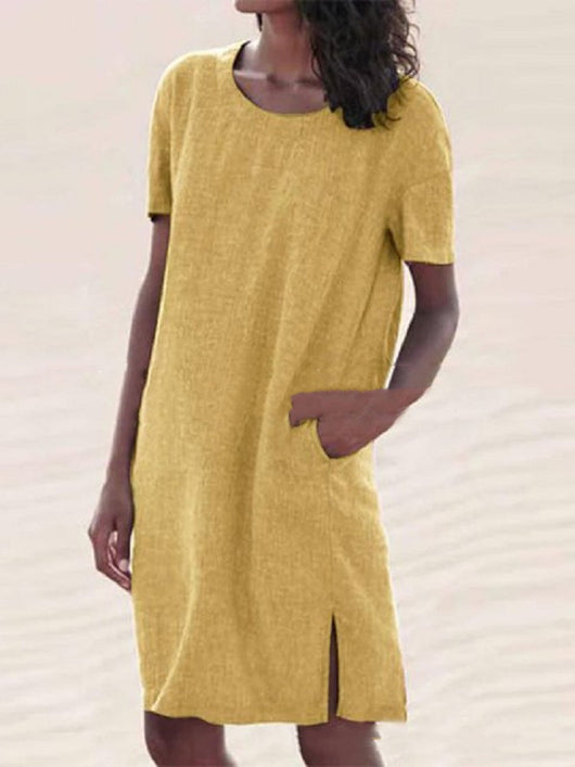 Vestido Casual de Algodón y Lino con Cuello Redondo y Aberturas Laterales - Image 7