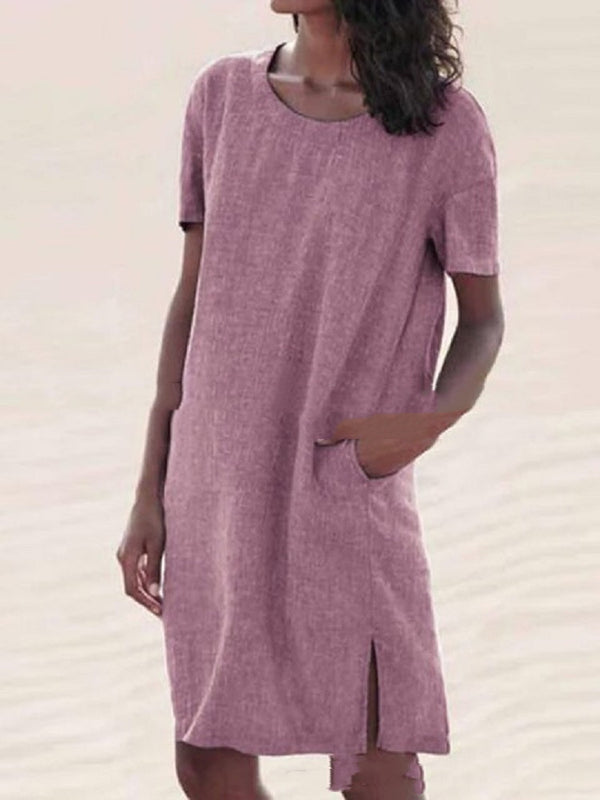 Vestido Casual de Algodón y Lino con Cuello Redondo y Aberturas Laterales
