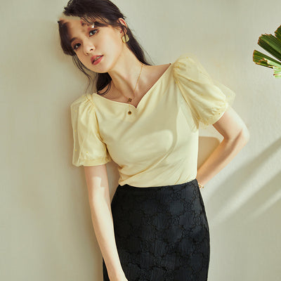 Blusa Tejida con Cuello en Forma de Corazón y Mangas Burbuja Malla - Primavera - Image 9