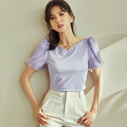 Blusa Tejida con Cuello en Forma de Corazón y Mangas Burbuja Malla - Primavera