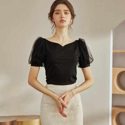 Blusa Tejida con Cuello en Forma de Corazón y Mangas Burbuja Malla - Primavera - Image 5