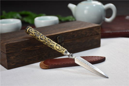 Cuchillo de Té Longquan Acero Inoxidable con Mango de Cobre Flor de Ciruelo