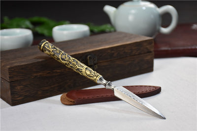 Cuchillo de Té Longquan Acero Inoxidable con Mango de Cobre Flor de Ciruelo