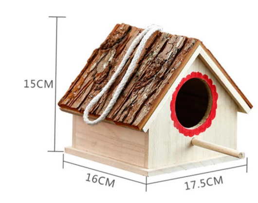Rustic wooden birdhouse with bark roof, red scalloped entrance, and a hanging rope on a white background. - Image 7