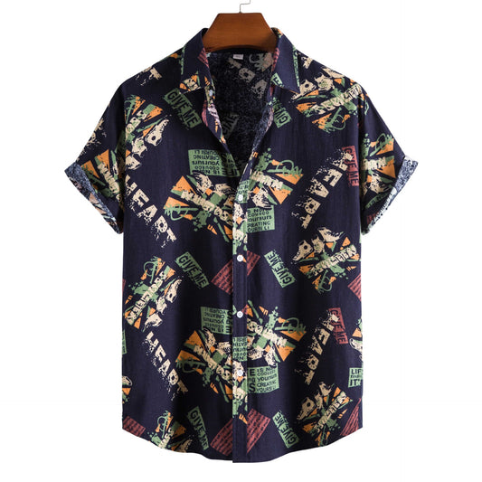 Camisa Vintage con Cuello Italiano Estampado Letras Hombre Manga Corta Casual Verano - Image 2