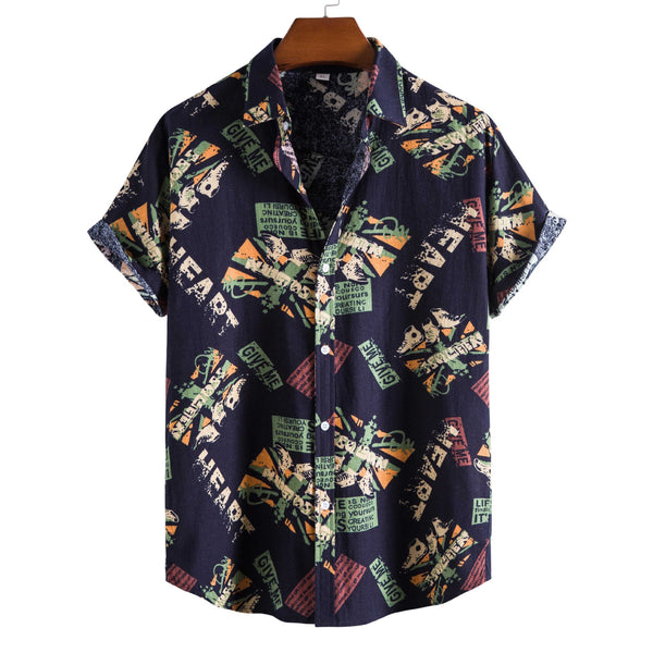 Camisa Vintage con Cuello Italiano Estampado Letras Hombre Manga Corta Casual Verano