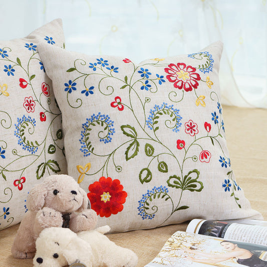 Funda de Cojín Cuadrada Estilo Pastoral con Bordado de Flores y Plantas para Sofá y Dormitorio