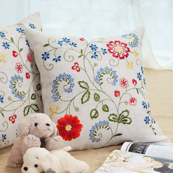 Funda de Cojín Cuadrada Estilo Pastoral con Bordado de Flores y Plantas para Sofá y Dormitorio
