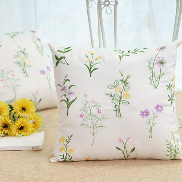 Funda de Cojín Cuadrada Estilo Pastoral con Bordado de Flores y Plantas para Sofá y Dormitorio