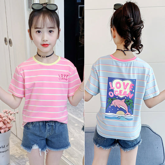 Playera Infantil Estilo Occidental con Estampado Caricatura y Rayas