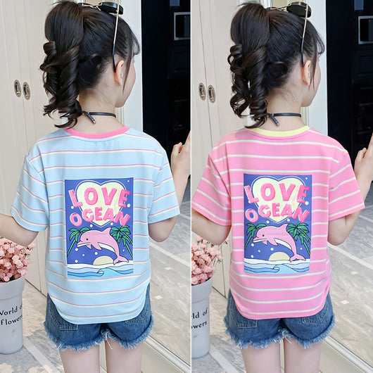 Playera Infantil Estilo Occidental con Estampado Caricatura y Rayas - Image 5