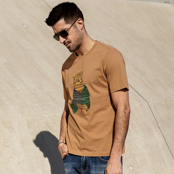 Camiseta Manga Corta Estampada para Hombre con Bordado de Oso - Diseño Animal Verano
