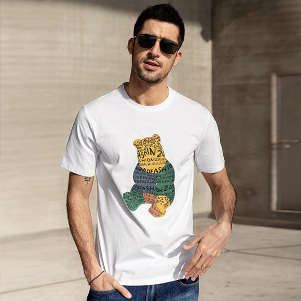 Camiseta Manga Corta Estampada para Hombre con Bordado de Oso - Diseño Animal Verano