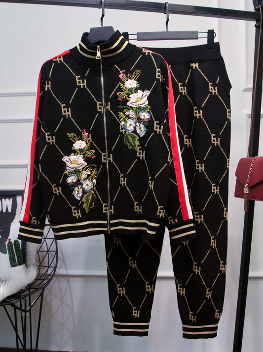 Conjunto Dos Piezas Cardigan Tejido y Pantalón Casual con Bordado Floral Europeo - Image 2